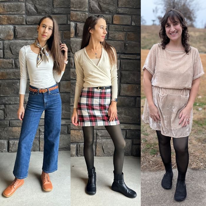 A collage of a woman showing two different outfit styling with barefoot ankle boots - Mukishoes Alentejo, Zaqq Riquet, and Groundies Camden Barefoot+