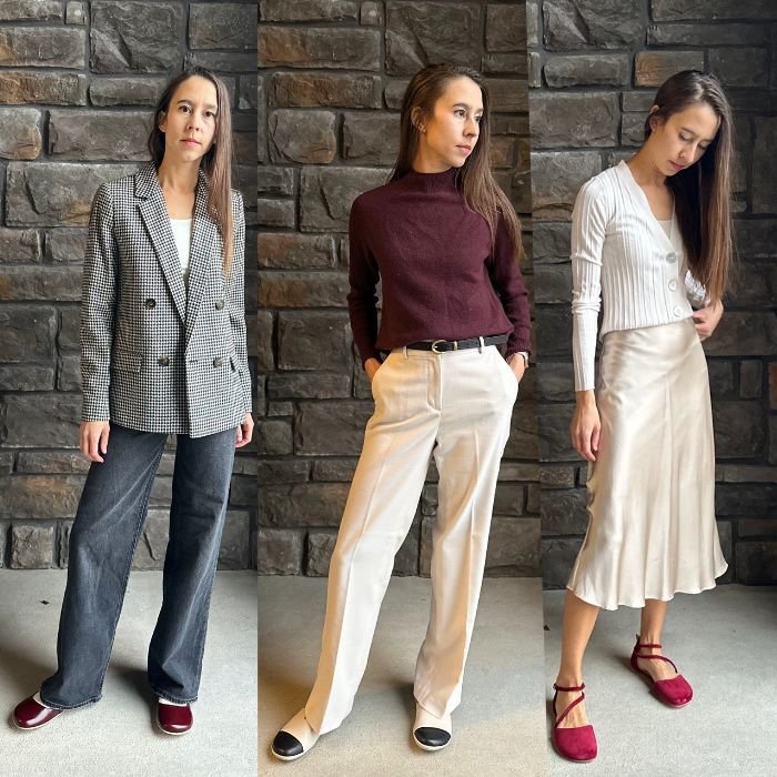 A collage of a woman showing two different outfit styling with dressy barefoot flats and loafers - Origo Shoes two strap mary jane, Be lenka rosaluna, and shapen Orchid