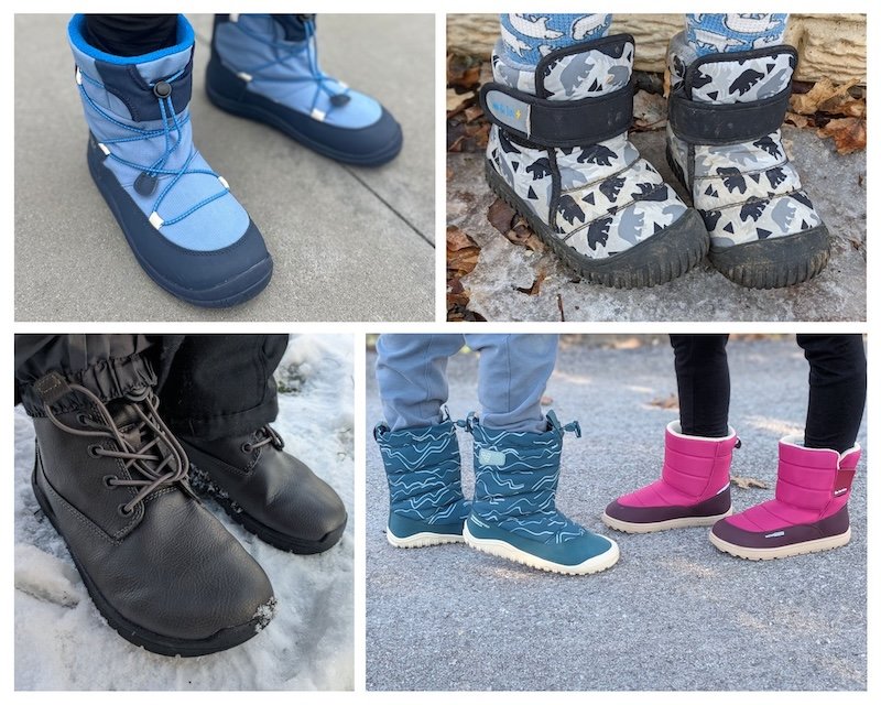 A collage of different wide toe box barefoot winter boot brands for kids