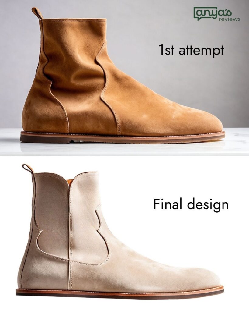 A collage showing the progress between the first attempt at designing the Faye Boots and the final design.