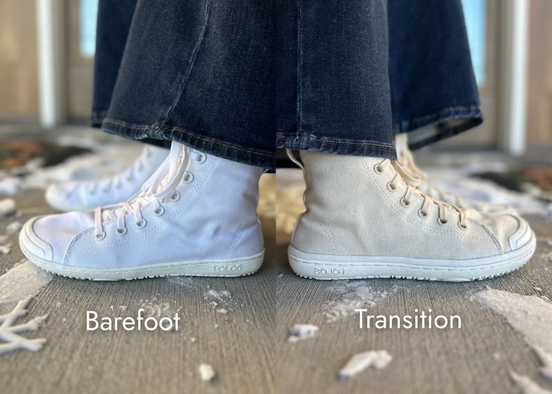 A side by side collage comparing a pair of Tolos Barefoot shoes to Tolos Transition shoes to show the zero drop outsole stack height difference.