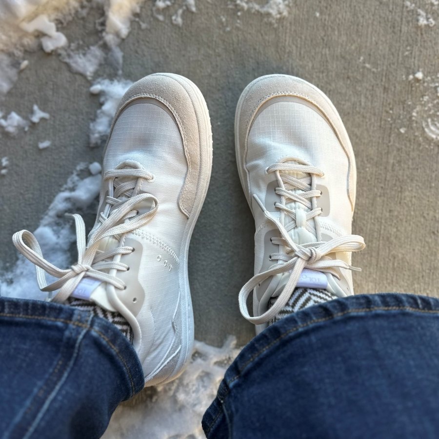 A close look at a pair of Tolos Soleil Ripstop barefoot sneakers in beige with a wide toe box