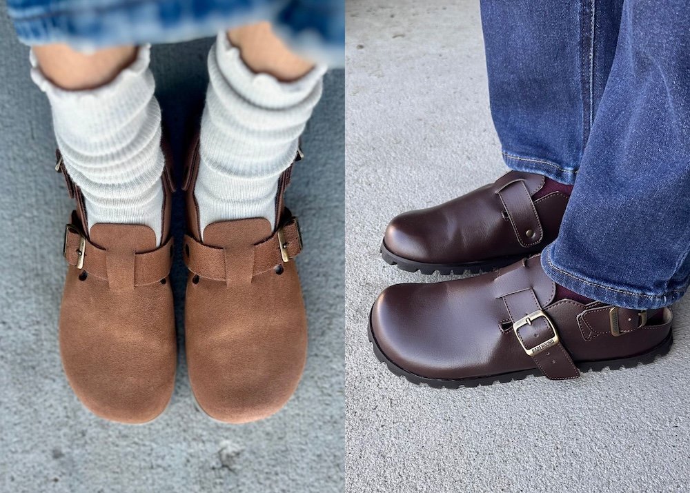 A collage of two images each showing a different color of Barebound Ikarus barefoot clogs with a wide toe box. The left image shows ruffled sockss being worn with a mid tone suede pair,and the right shows a smooth dark brown barefoot clog.