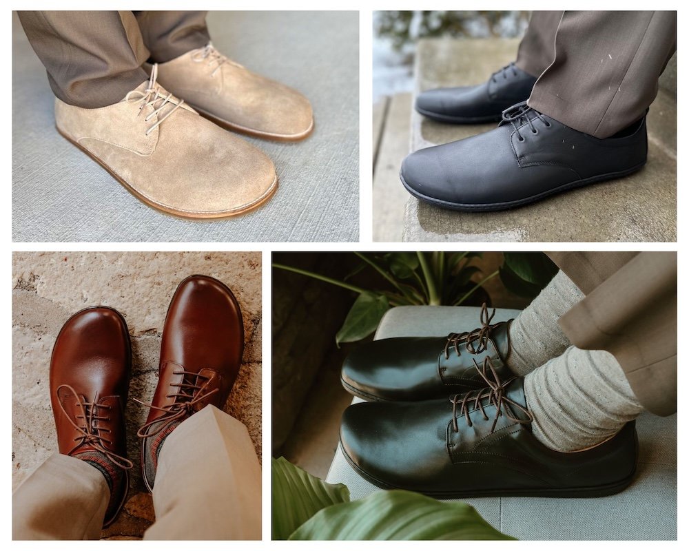 A collage of four different brands of men's barefoot dress shoes with a wide toe box and nice leather upper.