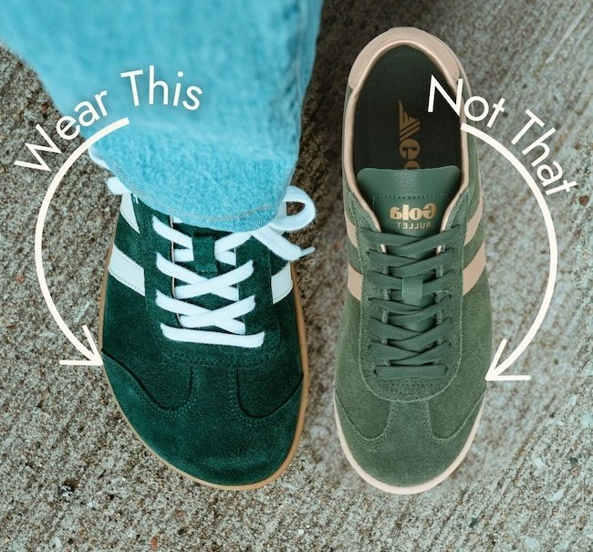 Top down annotated graphic comparing a Koel Ila to a conventional green suede sneakers with side stripes. There is an arrow pointing to the barefoot sneaker and the words "Wear This" and another pointing to the narrow sneaker that says "Not That".