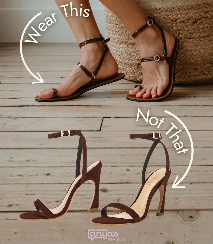 An annotated image of a pair of High Feels barefoot sandals compared to a pair of traditional strappy high heeled sandals. Wear This with an arrow is pointing at the High Feels, and Not That is pointing at the high heels.