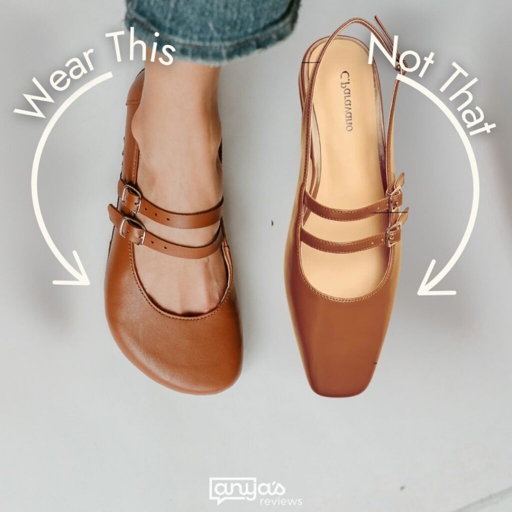 An annotated image of a single Jenon Leather Villet double strap mary jane compared to a conventional pointed toe double strap sling back mary jane. Wear This with an arrow is pointing at Jenon Leather. Not That with an arrow is pointing at the convention option.