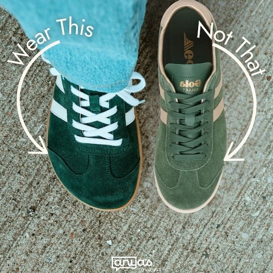 A comparison picture of a pair of Koel Ila green suede versus a convention narrow toe box sneaker in the same style. Wear This with an arrow is pointing at the Koel, and Not That with an arrow is pointing at the conventional sneaker.
