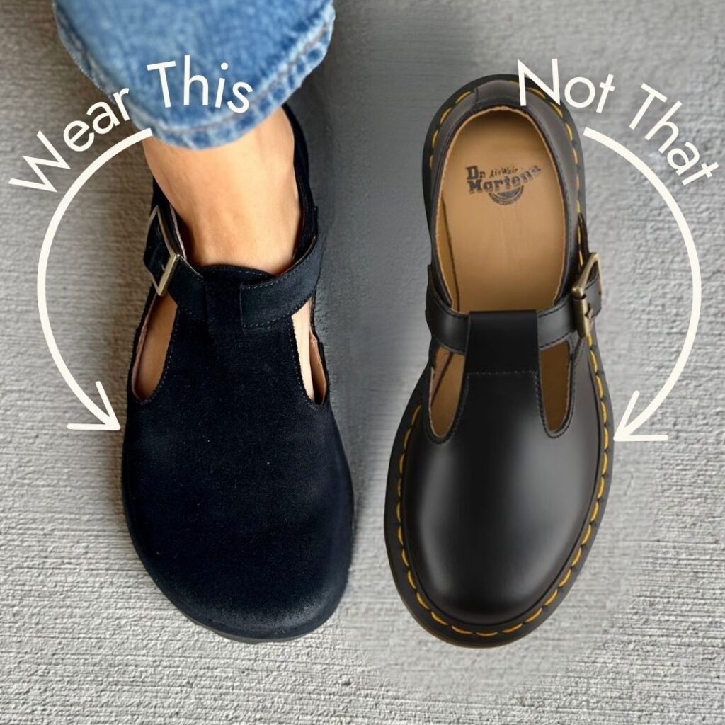 An annotated comparison view of a pair of Lang S Mira with a wide toe box, with a pair of Doc Martens in a similar style with a much narrower toe box. Wear This with an arrow is pointing at the Lang. S and Not That is pointing at the Doc Marten