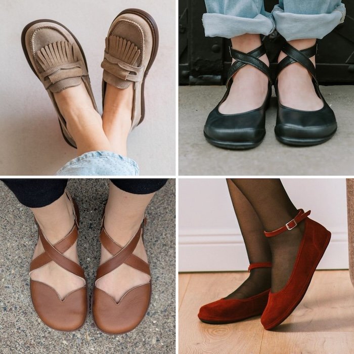 4 photo collage of new barefoot shoe styles from Magical Shoes featuring mary janes with cross strap details, and loafers with removeable fringe. All sporting wide toe boxes and barefoot soles.