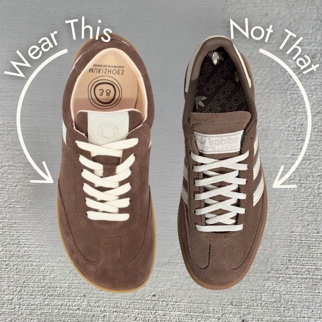 Annotated image of a single Mukishoes Lyra Rheia sneaker compared to an Adidas show in a similar style, with a narrower toe box. Wear This with an arrow is pointing at the Mukishoes, and Not That with an arrow is pointing at the Adidas.
