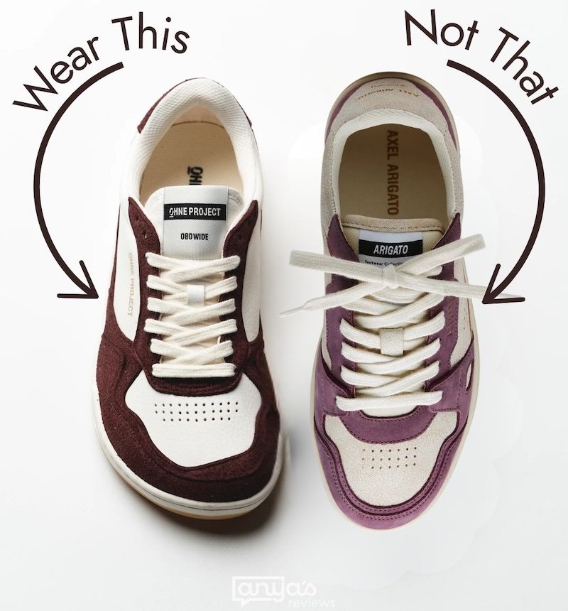 An annotated comparison image of a single Ohne Project sneaker next to a narrower toe box conventional option. The Ohne Project sneaker says Wear This, and the conventional narrow toe box options says Not That