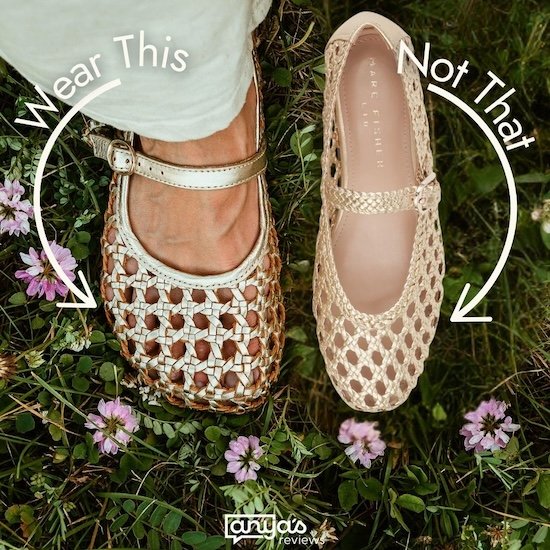 A annotated comparison image of a single Gold Woven barefoot Mary Jane from Origo Shoes next to a Marc Fisher mary jane in a similar style. Both are set against a grassy background with purple flowers.