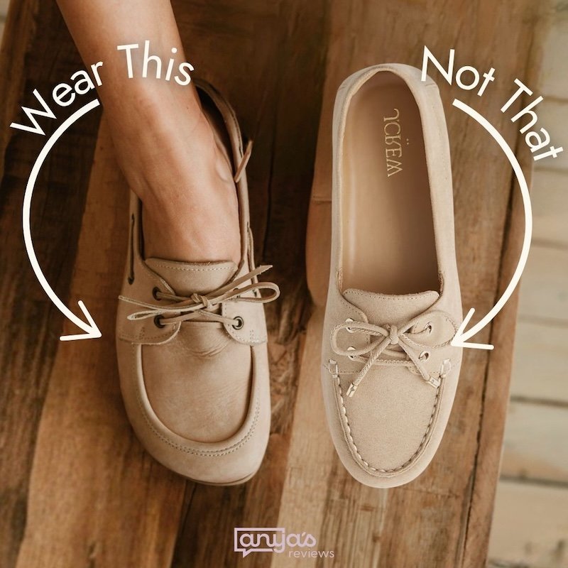 A comparison image showing Peerko Tala, a delicate boat shoe, next to a J. Crew boat shoe in a similar style.