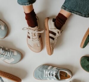 A top down view of colorful stylish wide toe box