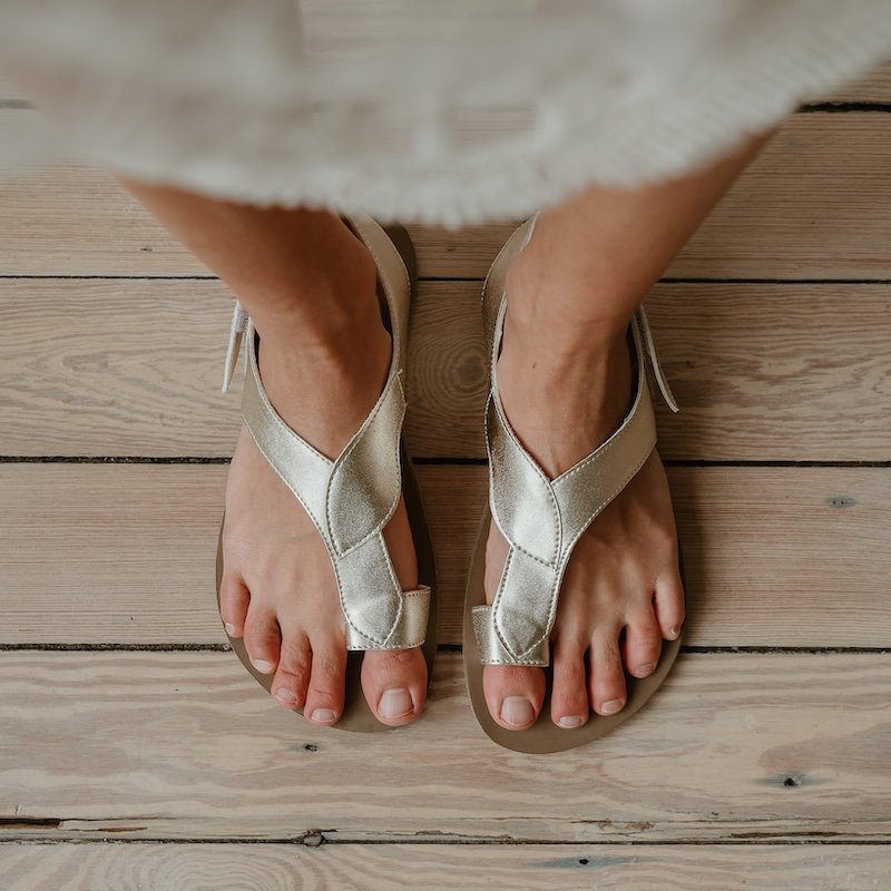 A top down view of a pair of Lang. S Sandals in a light metallic leather with wide strap and a toe box.