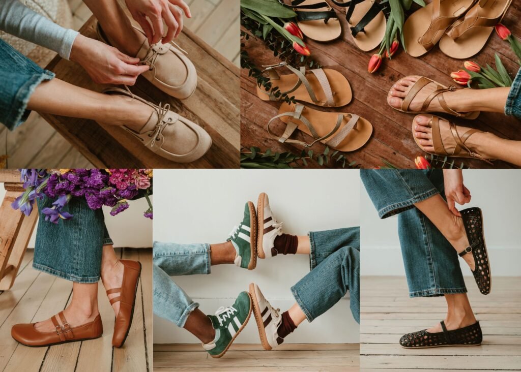 A collage of stylish wide toe box barefoot shoes that are new for spring 2026