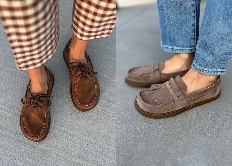 A collage of two people's feet from the calf down wearing Magical Shoes barefoot loafers. On the left is a top down view of the Galeon in Cognac suede, showing the wide toe box. On the right is the Pienza loafer with tassel in taupe suede.