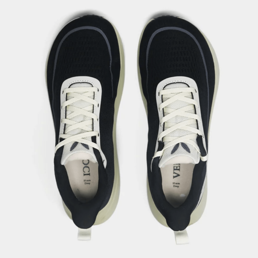 Top down view of the toebox on a pair of Veloci Running sneakers, a wide toe box shoe with a drop and high cushioning