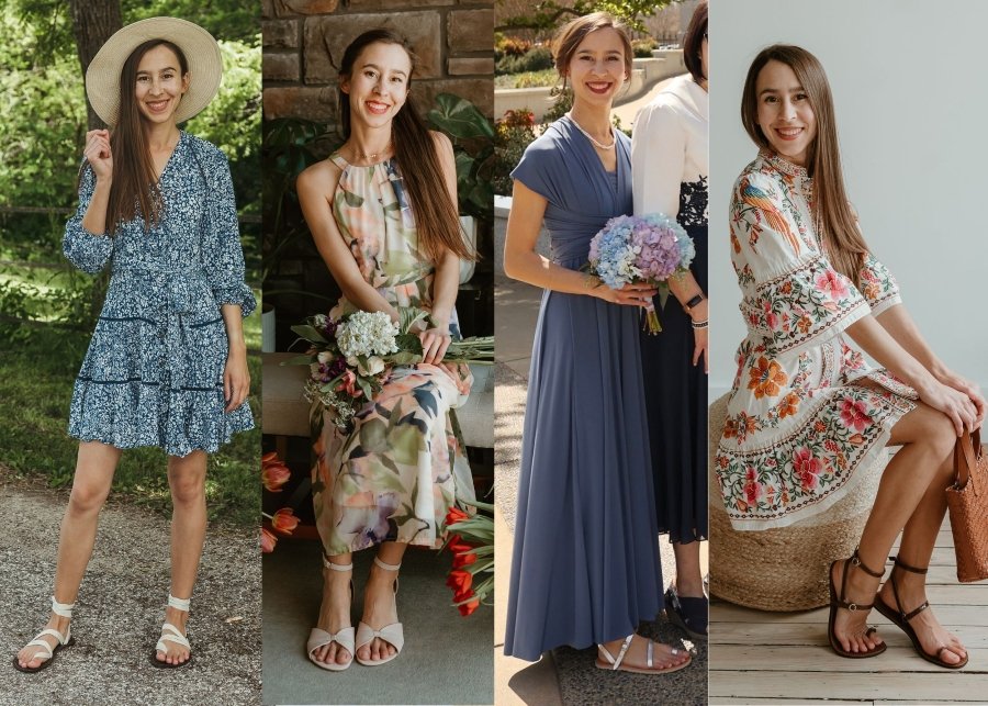 A four photo collage featuring the same woman in different formal outfits all paired with barefoot shoes from Juuri, Shapen, Grecian Sandals, and High Feels