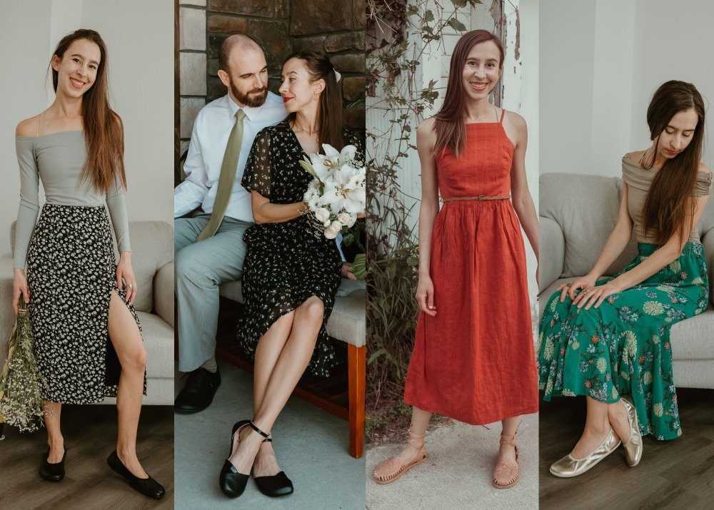 Four photo collage featuring fancy barefoot shoes to replace formal conventional shoes. Brands shown include Shapen, Origo Shoes, and Groundies The collage shows the same woman in different dressy outfits