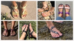 A collage of 6 different outdoor all-purpose barefoot adventure sandals, from Vivobarefoot, Shamma Sandals, Xero Shoes, Bedrock Sandals, Luna Sandals, and Earth Runners. All shown on foot, close up, and outdoors.