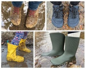 A collage of 4 different barefoot wide toe box rain boots, including the Vivobarefoot tracker, Realfoot shoes, Ten Little rubber rain boots, and Wildling Ranidae. All pictured on foot outside in the rain and mud.