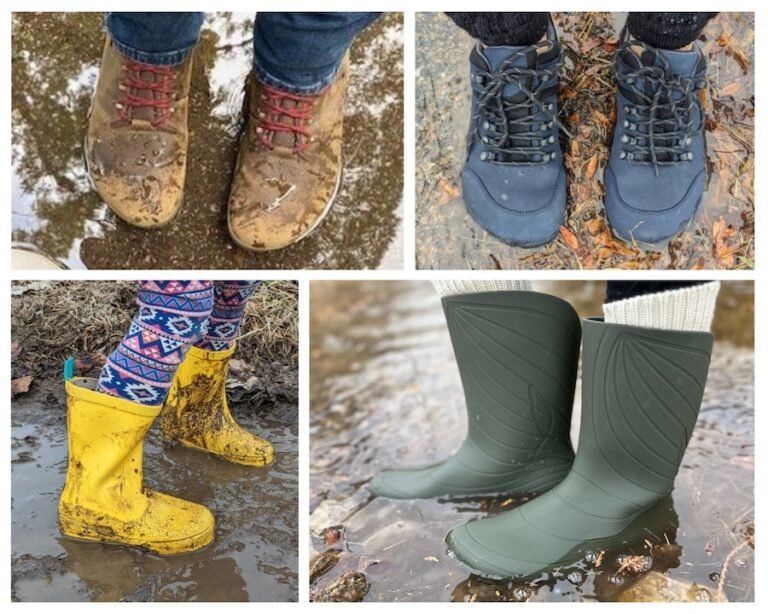 A collage of 4 different barefoot wide toe box rain boots, including the Vivobarefoot tracker, Realfoot shoes, Ten Little rubber rain boots, and Wildling Ranidae. All pictured on foot outside in the rain and mud.