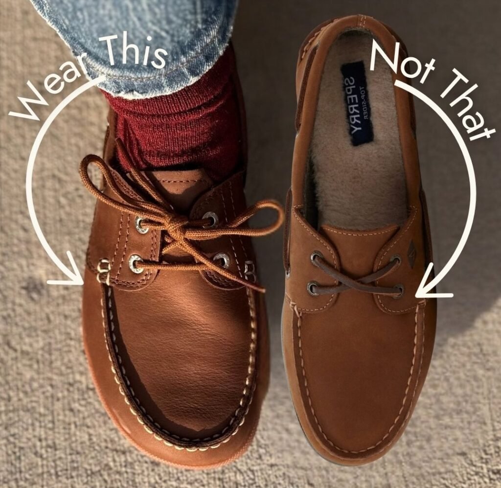 A side by side annotated photo of a pair of Baer shoes barefoot boat shoes with a wide toe box next to a pair of narrow toed Sperry boat shoes in the same color. An Arrow with Wear This is pointing at the Baer Shoes, and an arrow with Not That is pointing at the Sperry boat shoe