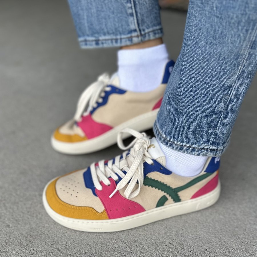 Side view of a pair of Fleeters Vegan Mango colorblock sneakers with Mustard, pink, blue, and green colors.