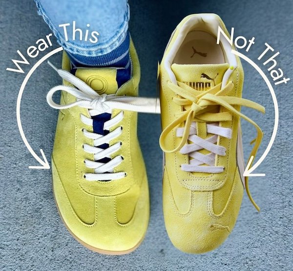 A side by side annotated photo of a pair of Mukishoes yellow sneakers with a wide toe box next to a pair of narrow toed Puma sneakers in the same color. An Arrow with Wear This is pointing at the Mukishoes, and an arrow with Not That is pointing at the Puma