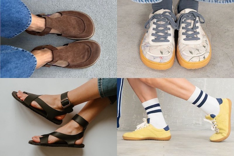 Four photo collage featuring new models from Mukishoes for Spring 2026 including t-bar flats, a floral printed sneaker, yellow sneaker, and chunky black leather sandals.