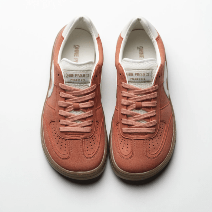 Stock image of Ohne Project 080 barefoot sneakers in Flamingo vegan colorway, shown from above to highlight the wide toe box