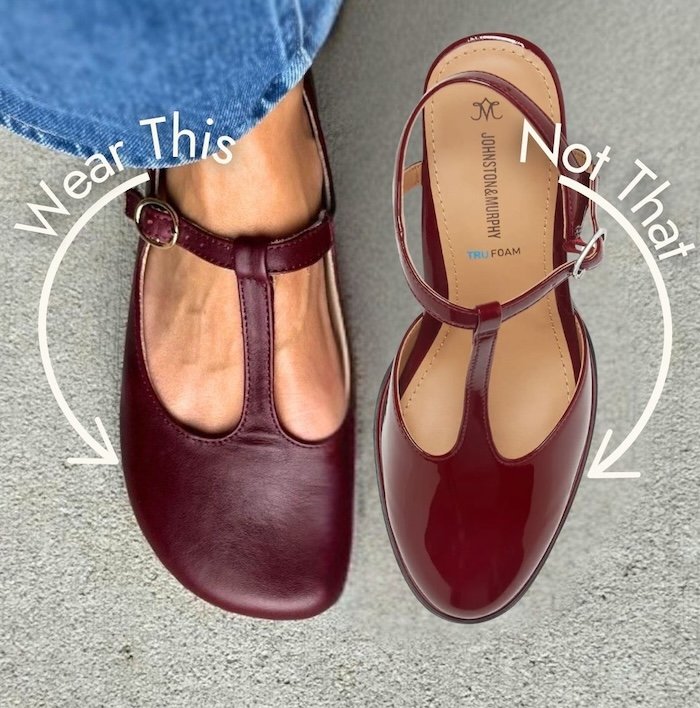 Annotated image of a pair of t-strap red patent pumps next to a pair of Origo T-bar flats with a wide toe box. An arrow with the words Wear This is pointing at the Origo flat, and an arrow with Not That is pointing at the conventional almond shaped toe box.