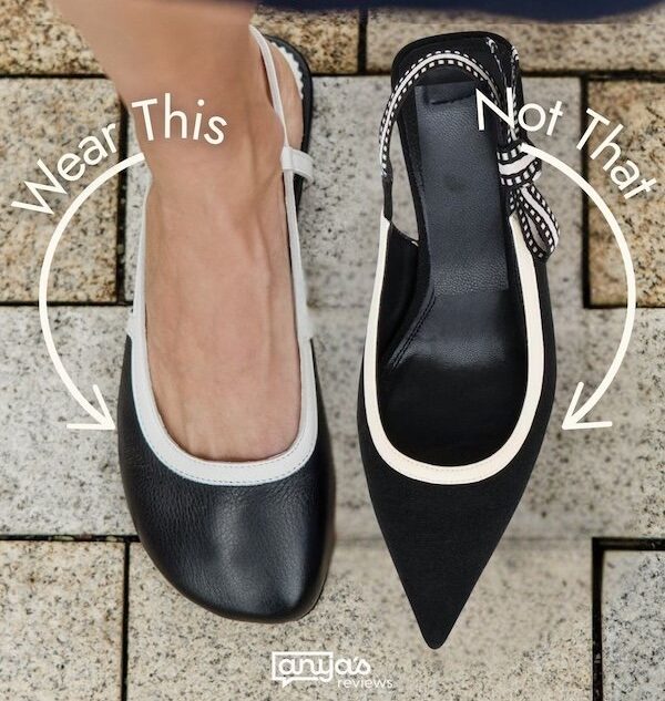 Annotated photo of a Shapen Twiggy pump in black and white with a wide toe box next to a pointy toe shoe in the same style. The arrow pointing to Shapen Reads Wear This, and the arrow pointing to the pointy heel reads Not That. The heading says For Happy Feet.