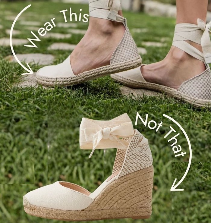 An annotated image of a pair of Shapen Festa espadrilles with a foot friendly shape compared to a traditional pair of high heeled espadrilles.