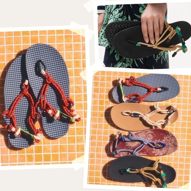 A collage of the Xero and J. Crew collaboration of the Genesis sandals in multiple fun colorways and patterns.