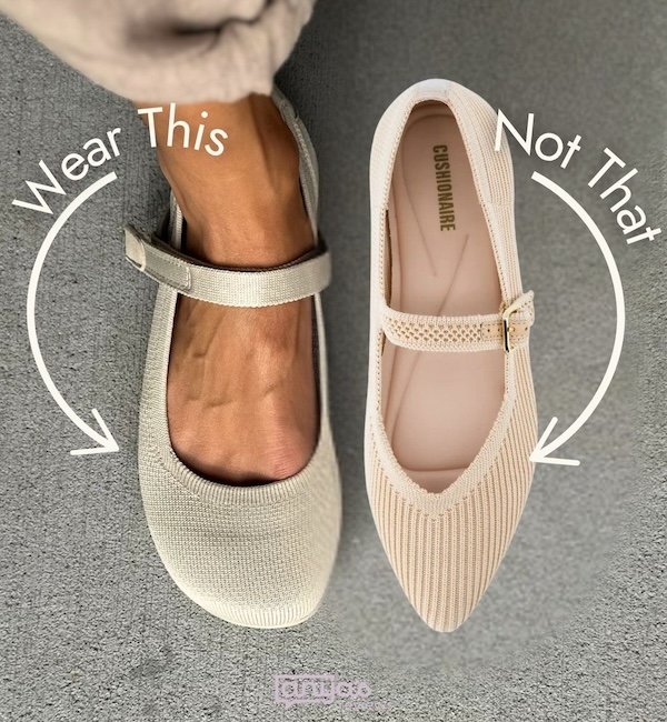 Side by side annotated image of a Xero Cassie Knit flat in beige, next to a conventional pointed toe flat.