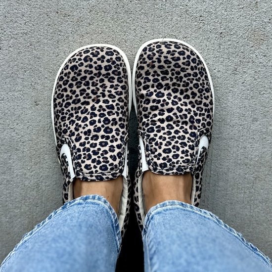 A close up top down view of a pair of feet standing on pavement wearing Xero Shoes Dillon Slip-on canvas women's barefoot sneakers in leopard print