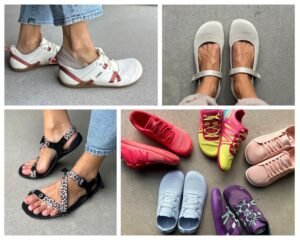 A collage of different Xero Shoes from their spring 2026 collection, including barefoot sandals, colorful athletic sneakers, knit mary janes, and hands free step-in shoes.