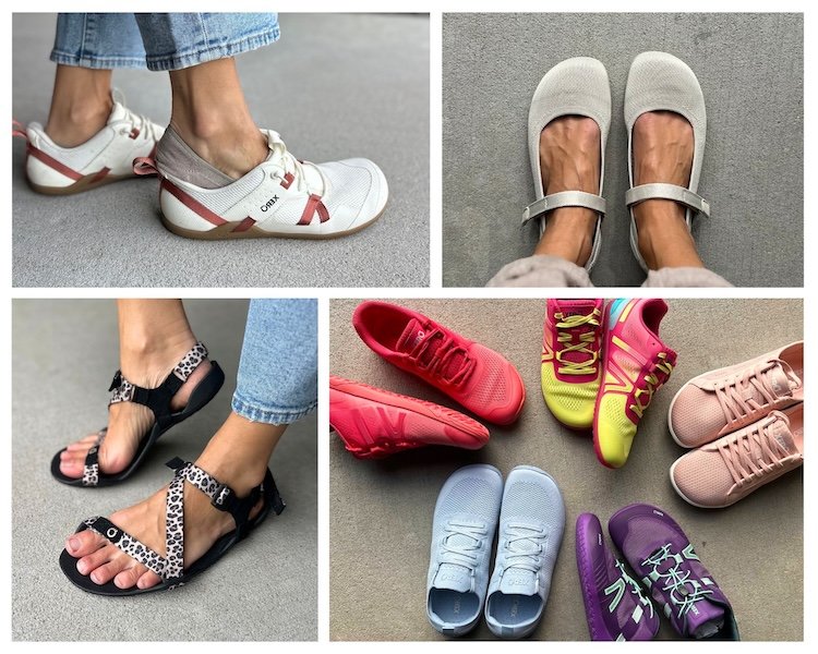 A collage of different Xero Shoes from their spring 2026 collection, including barefoot sandals, colorful athletic sneakers, knit mary janes, and hands free step-in shoes.