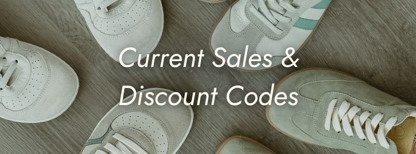A top down view of different wide toe box barefoot sneakers with the text "current sales & discount codes" superimposed over the image.