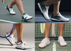 A collage of 4 different wide toe box and barefoot court shoes for tennis, pickleball, volleyball, and basketball