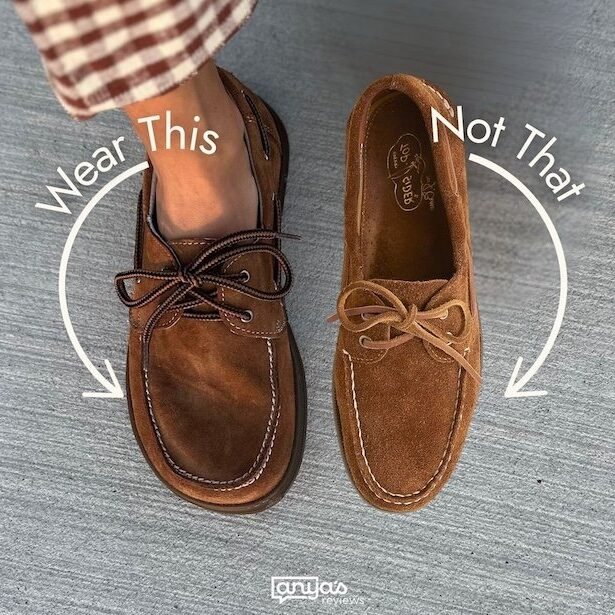 A top down view of two pairs of shoes next to each other on concrete. On the left is a wide toe box barefoot brown suede boat shoe, and on the right is a conventional narrow pointy toe Sperry boat shoe in the same color. Text is superimposed "Wear this, not that"