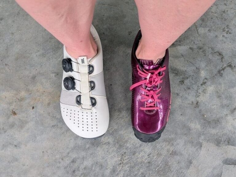 top down view of a person wearing 1 conventional cycling shoe and 1 Strong Feet Athletics Leviathan Cycling shoe to shoe the large difference in toe box width