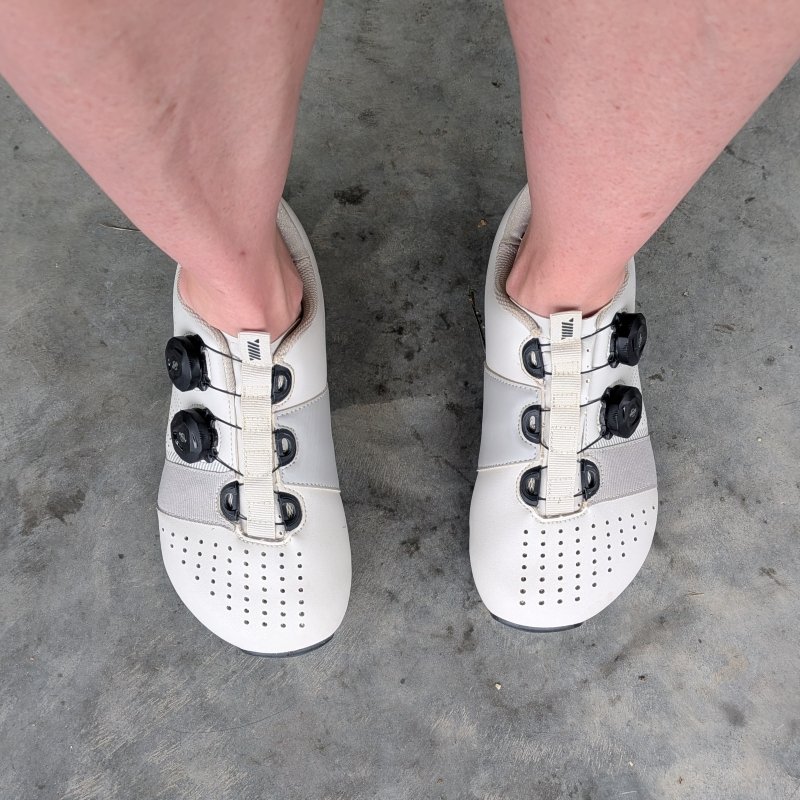 Top down view of a person in a pair of Strong Feet Athletics Leviathan wide toe box cycling shoes with an extra wide fit