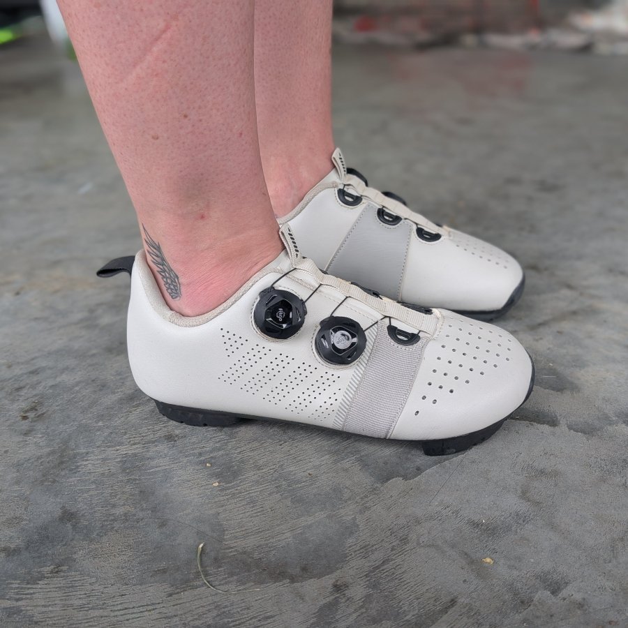 Close up side view of a person's feet in Strong Feet Athletics Leviathan wide toe box cycling shoes for athletes
