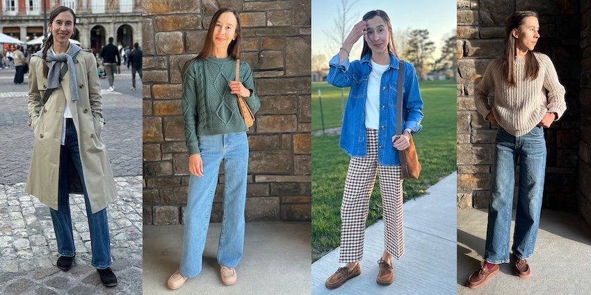 A 4 photo collage of the same woman wearing different outfits, standing and posing for the camera. Each outfit is with a pair of different wide toe box barefoot boat shoes