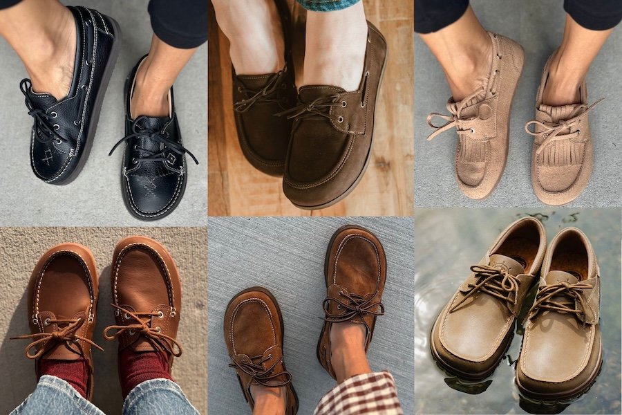 A collage of 6 different brands of barefoot boat shoes, each with a wide anatomically shaped toe box