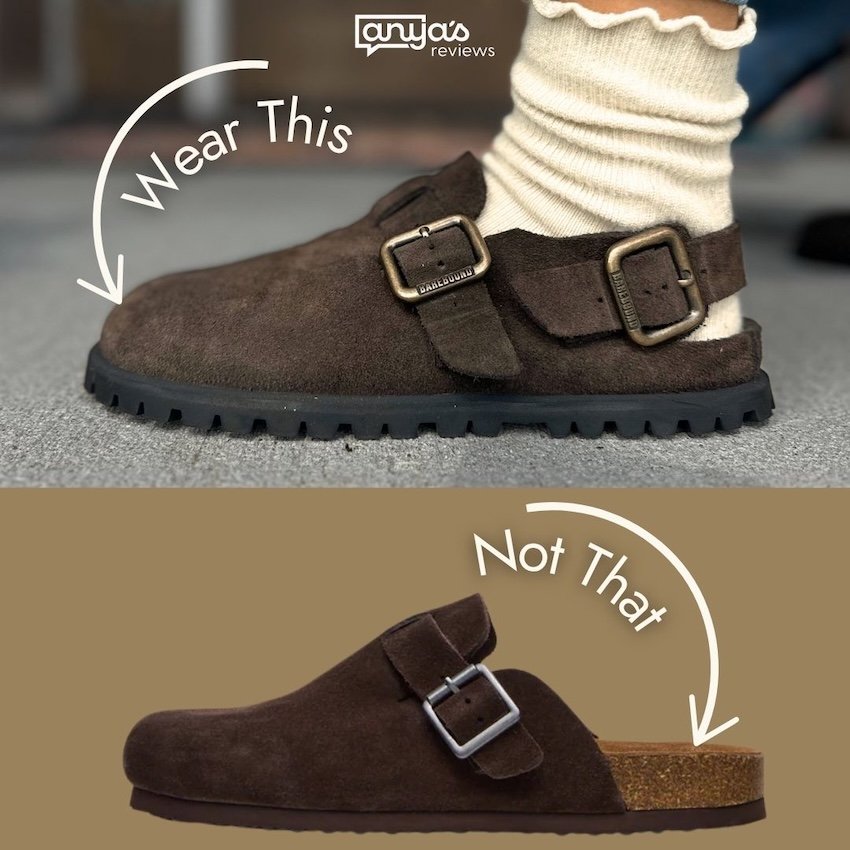 A comparison photo showing 2 similar clogs styles. Wear This is pointing to Barebound Ikaros II, a barefoot friendly clog, and Not That is pointing to a pair of stiff supportive birkenstock clogs.